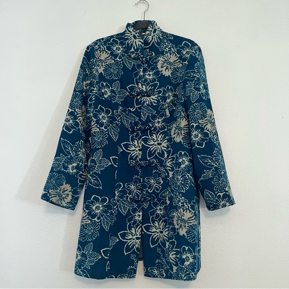 Vintage Teal Blue Floral Print Coat